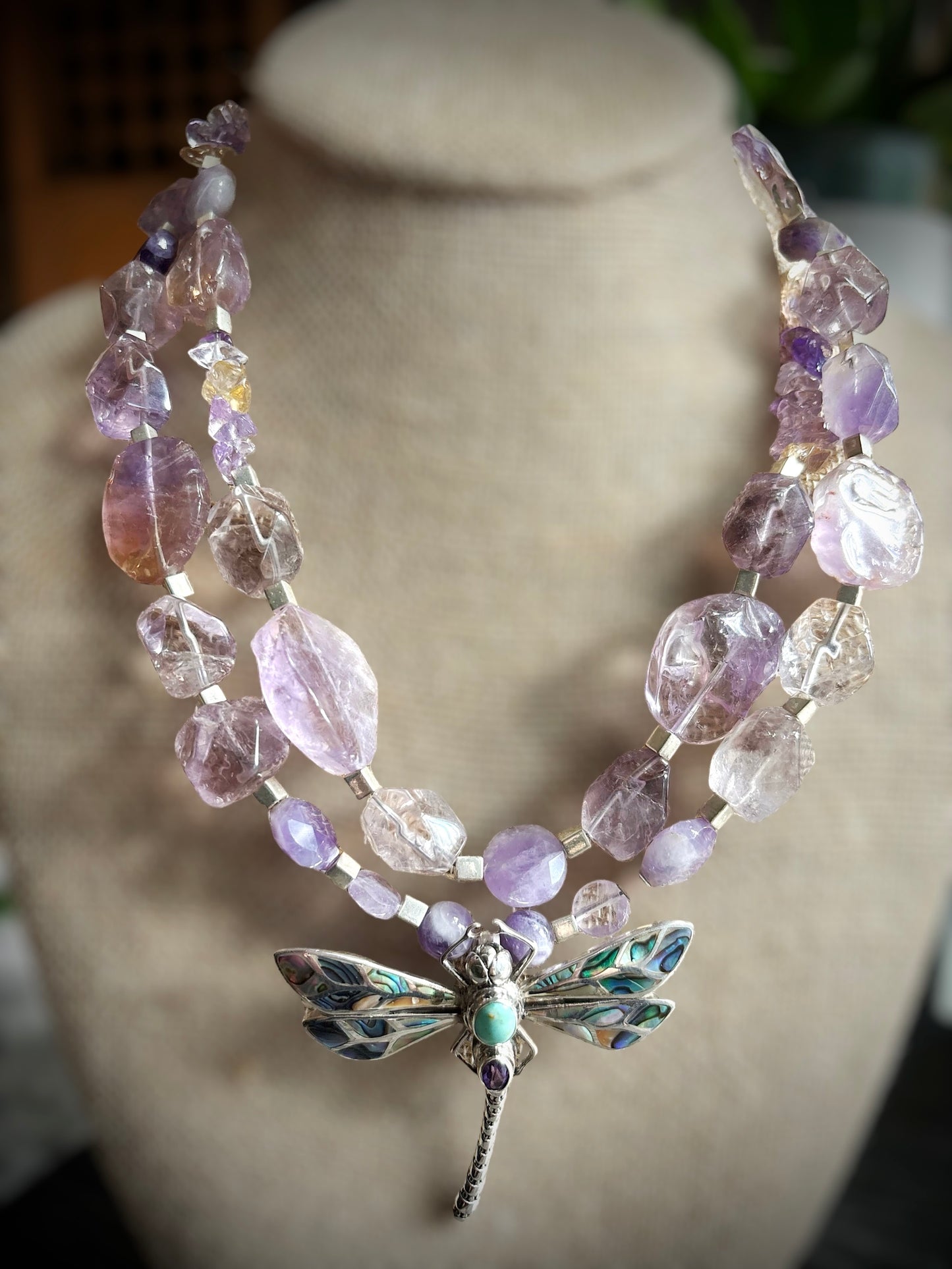 Chunky Amethyst and Super 7 Stone Necklace with Dragonfly Pendant