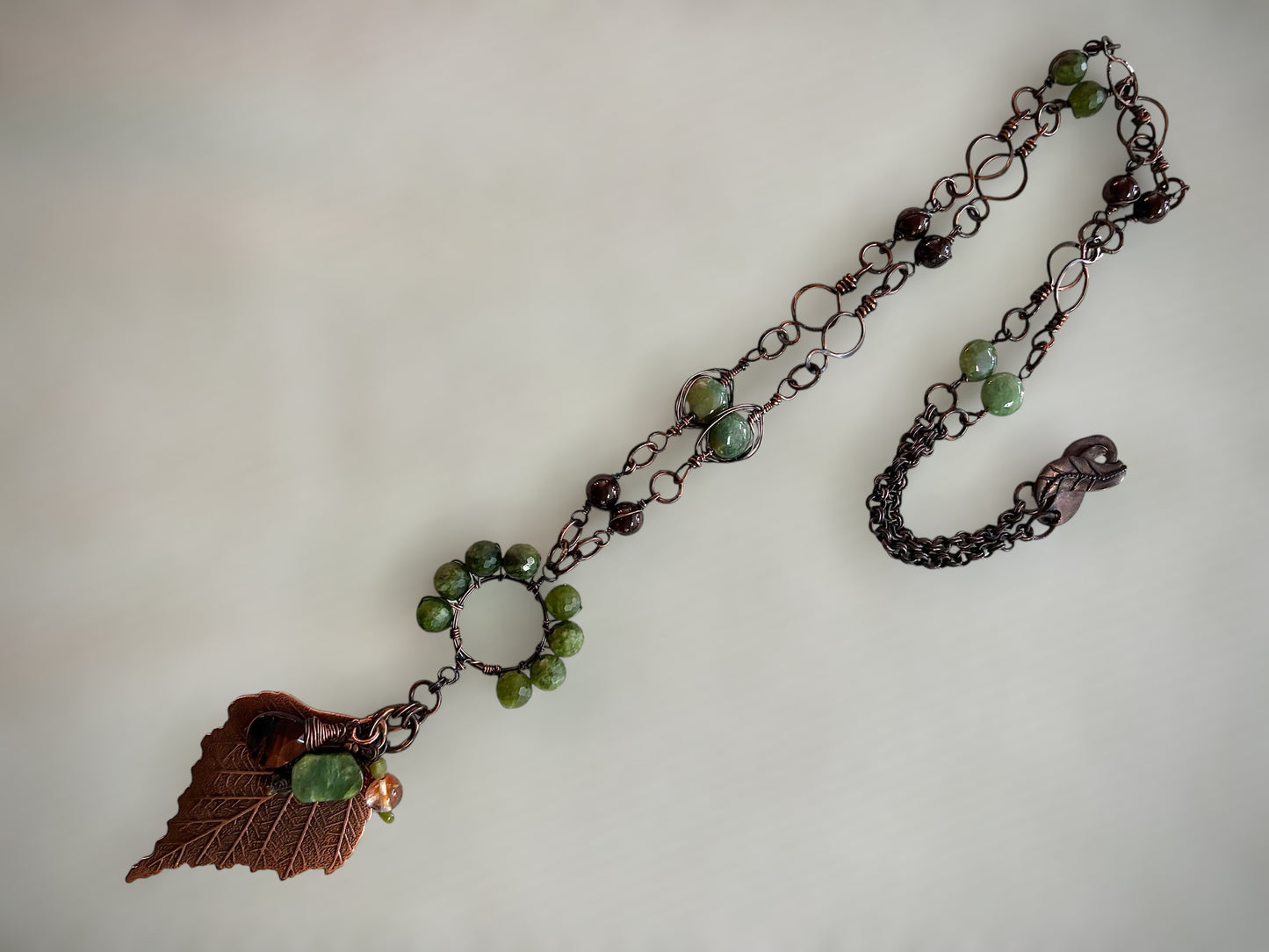 Large copper leaf pendant with Jade