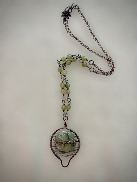 Large Prehnite Pendant and Handmade Chain