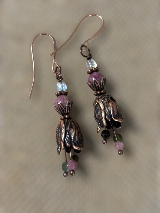 Turmaline and Copper Flower Earings
