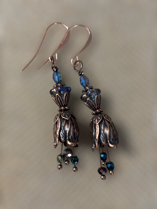 Blue and Copper Flower Earrings