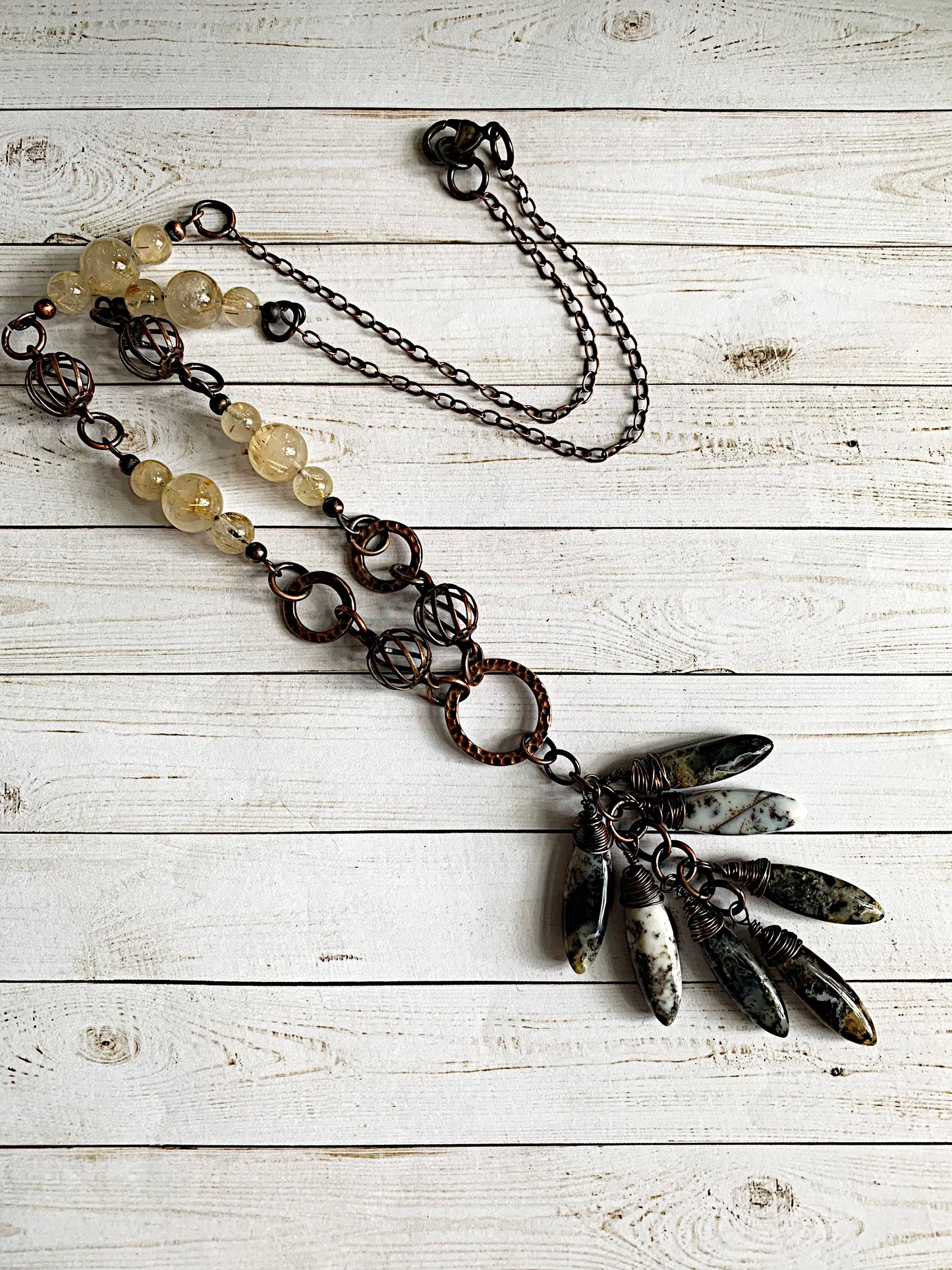 Moss Opal and Rutilated Quartz Necklace