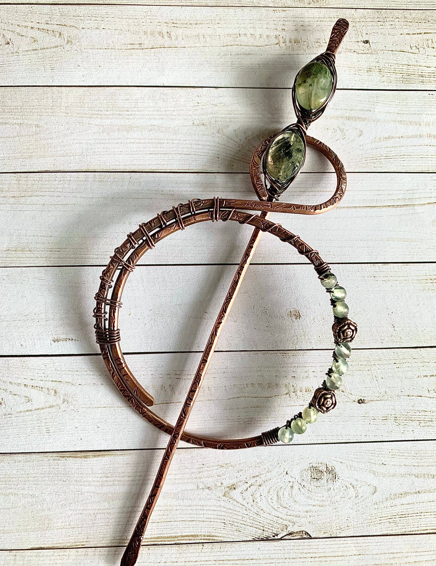 Prehnite and Copper Hair Stick