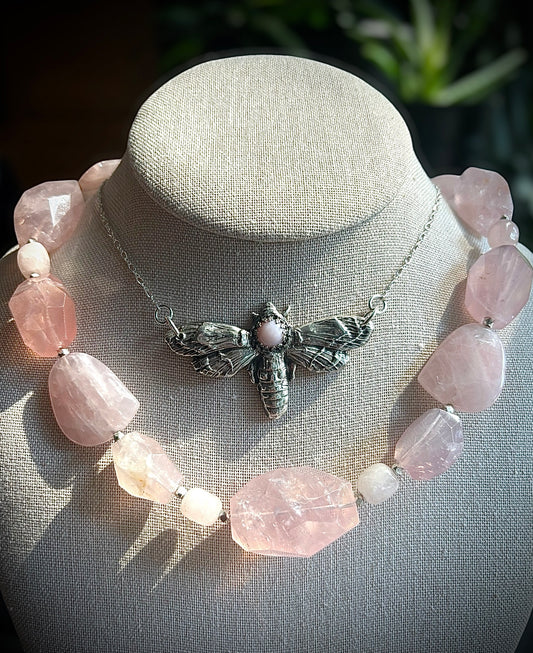 Silver Moth with Pink Opal