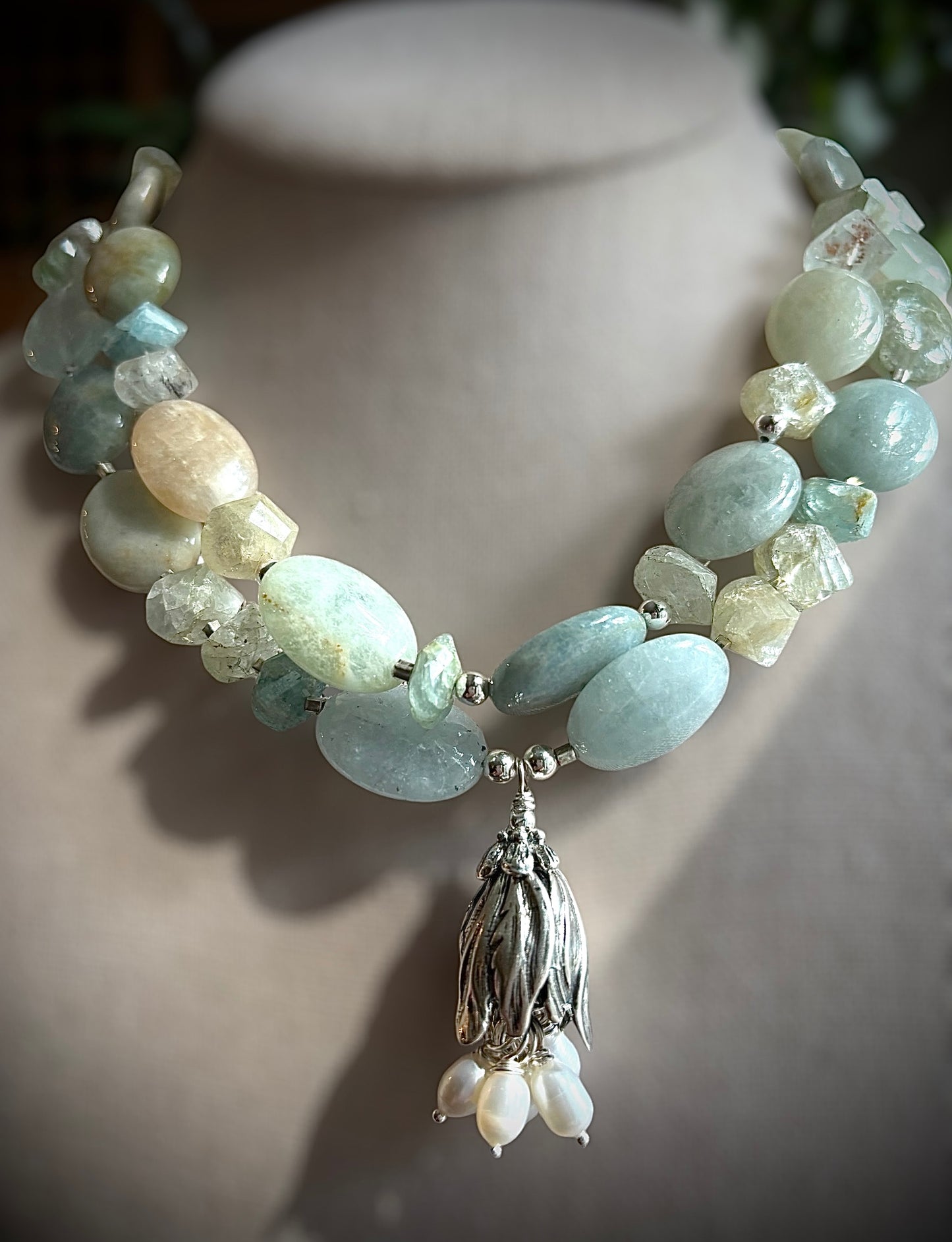 Aquamarine and sterling silver double strand necklace with sterling silver and pearl pendant