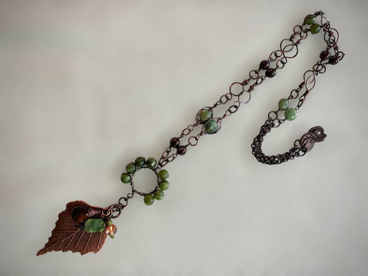 Large copper leaf pendant with Jade