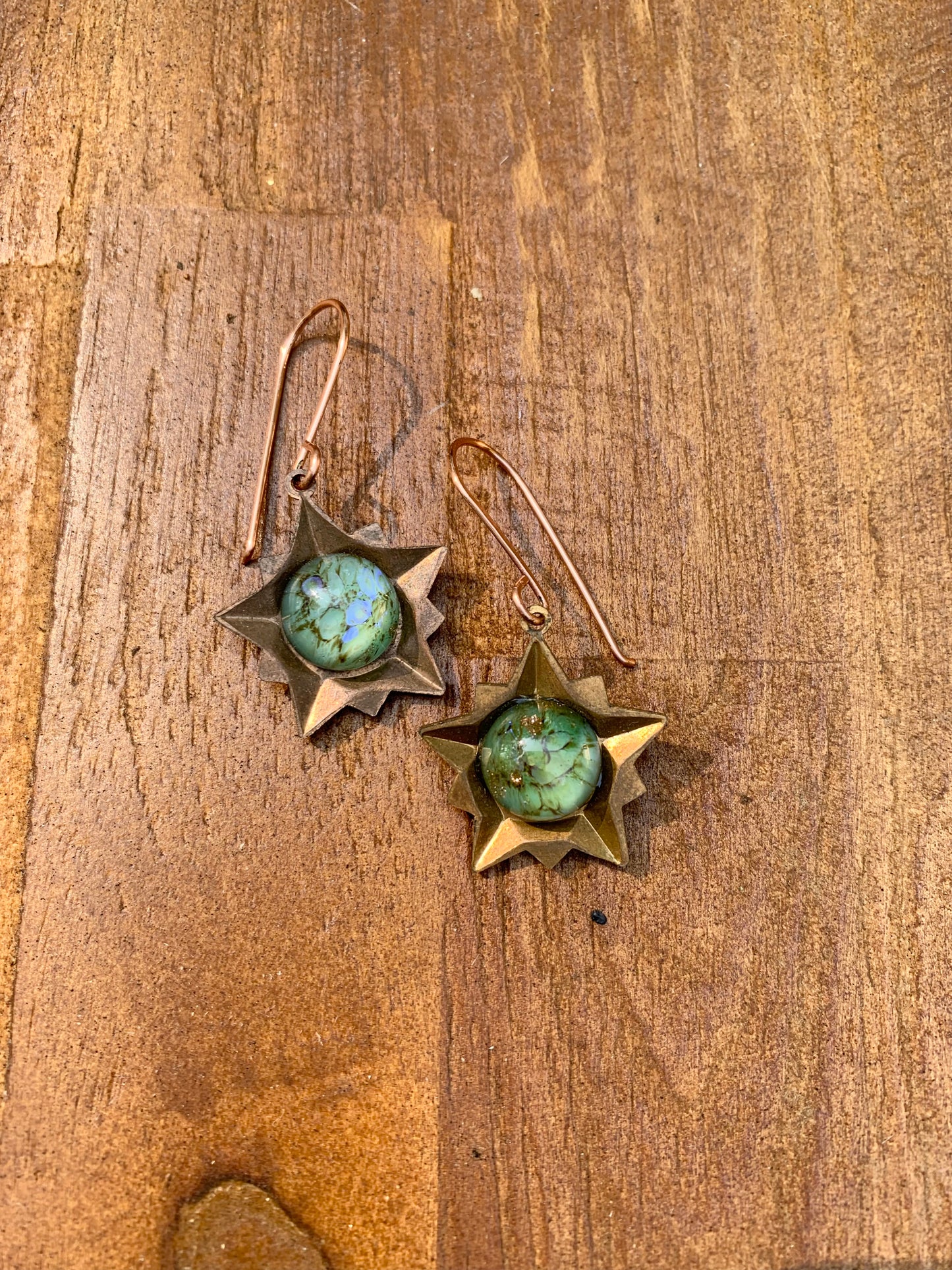 Copper, Brass and Glass Fire Opal Earrings